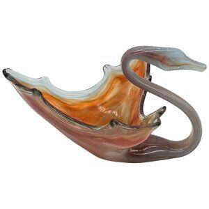 Murano Style Art Glass Swan Dish Amber White Hand Blown Sculptural Centerpiece